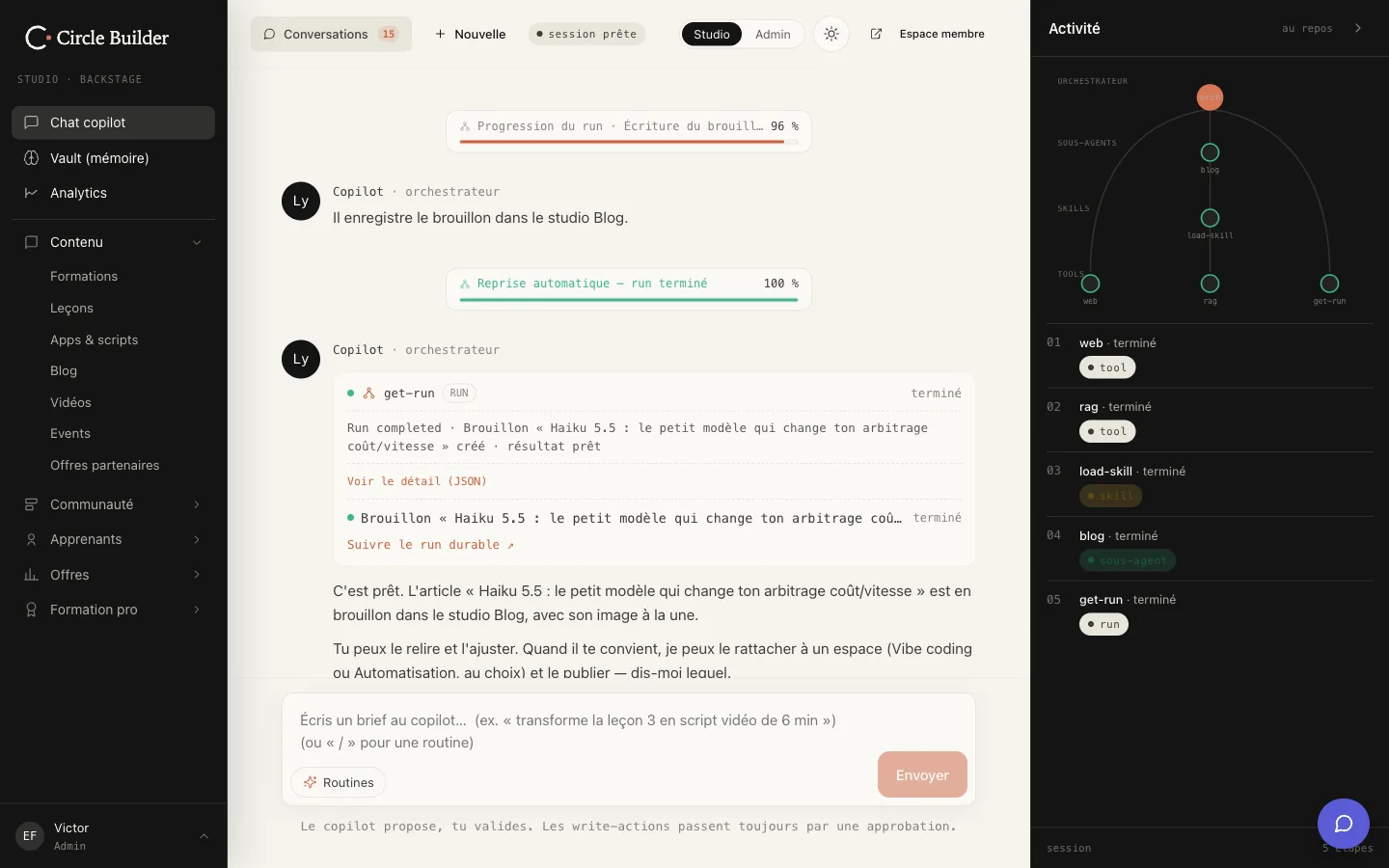 Studio d'administration : le copilot IA prépare un article de blog et montre chaque étape de son travail