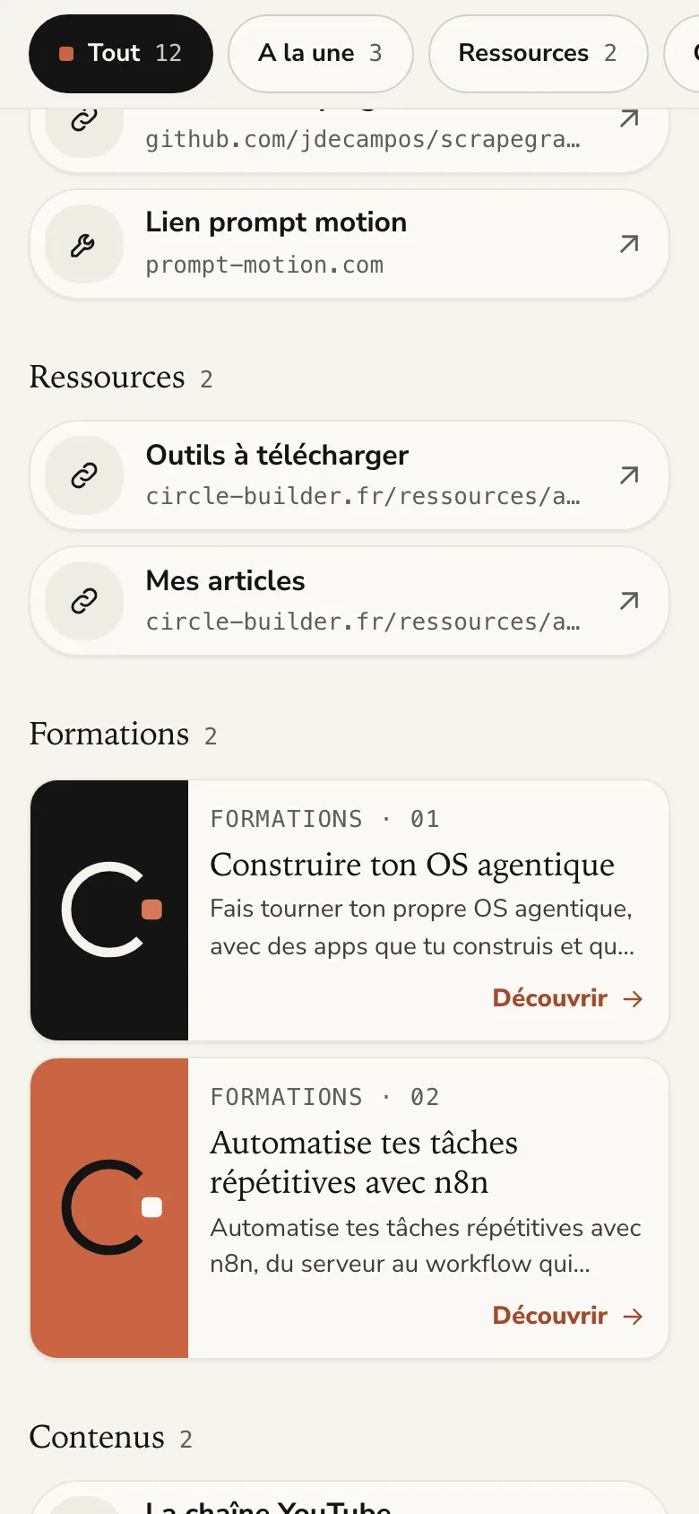 Liens et cartes de formation de la page, sur mobile