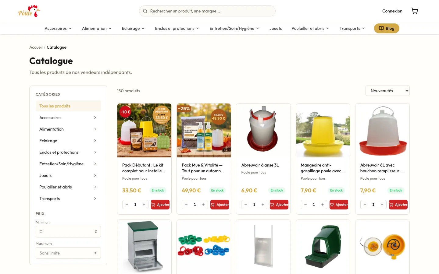 Catalogue : filtres par catégorie et par prix, et produits avec leur prix, leur stock et un bouton d'ajout au panier
