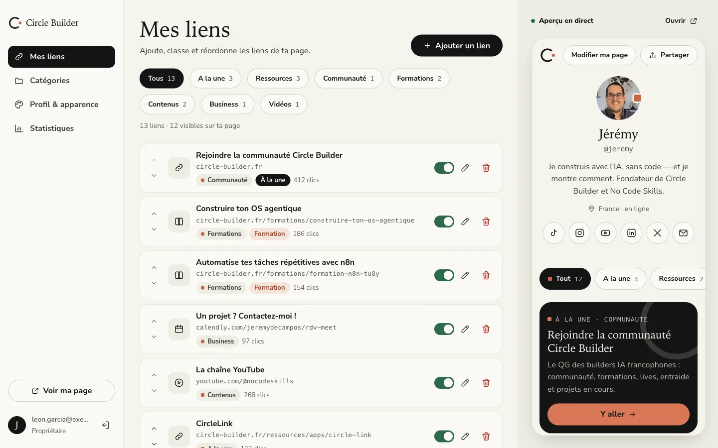 Back-office « Mes liens » : liste des liens avec leur catégorie et leur nombre de clics, et aperçu de la page en direct à droite
