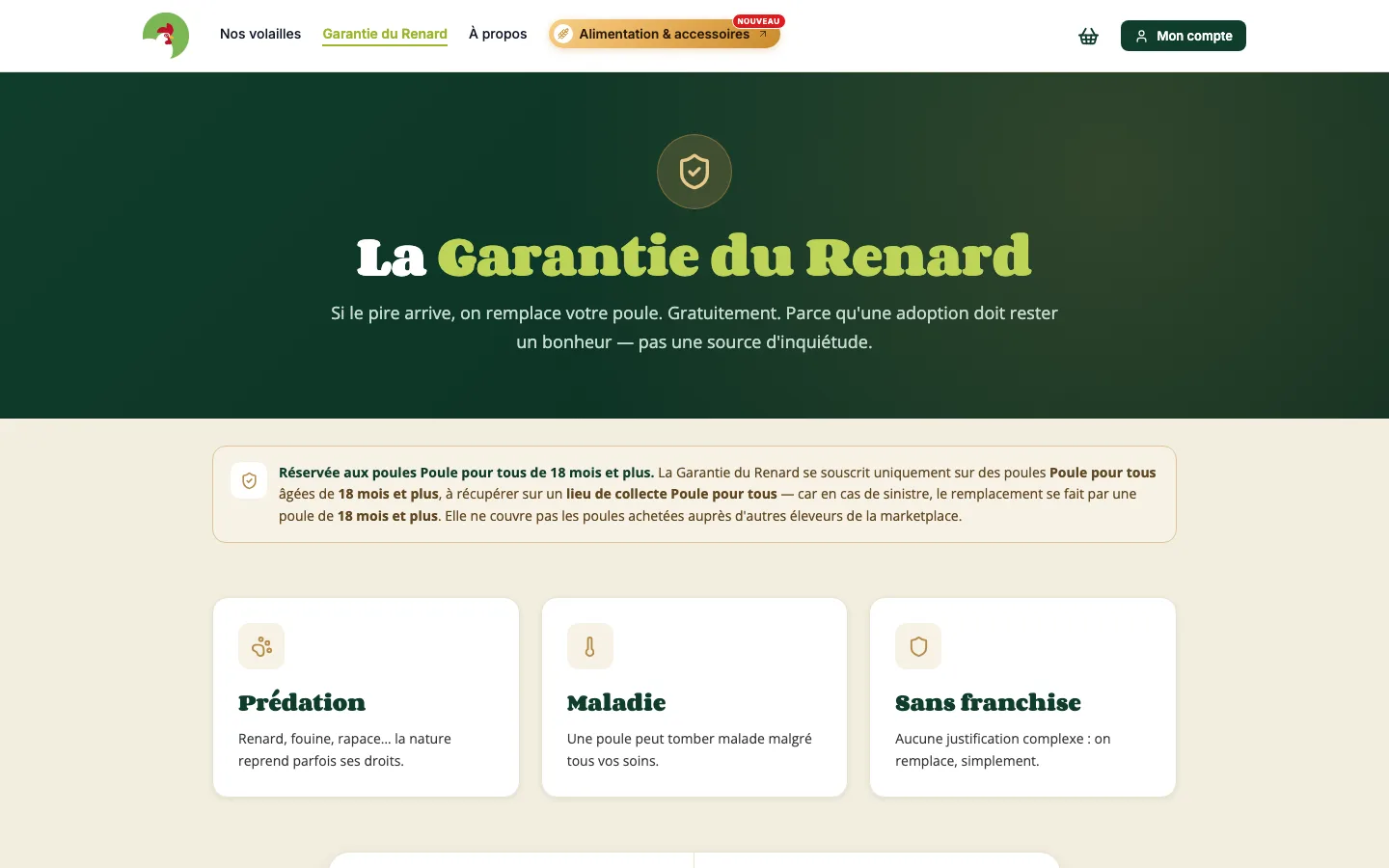 Page de la Garantie du Renard : remplacement gratuit de la poule en cas de prédation ou de maladie