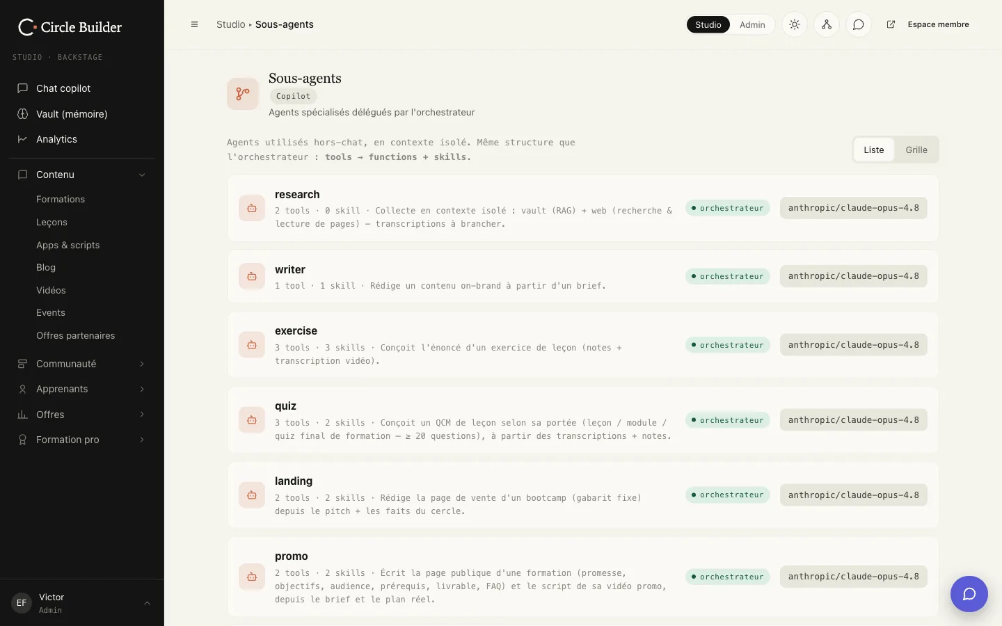 Studio : les agents spécialisés du copilot (recherche, rédaction, exercices, quiz, pages de vente)