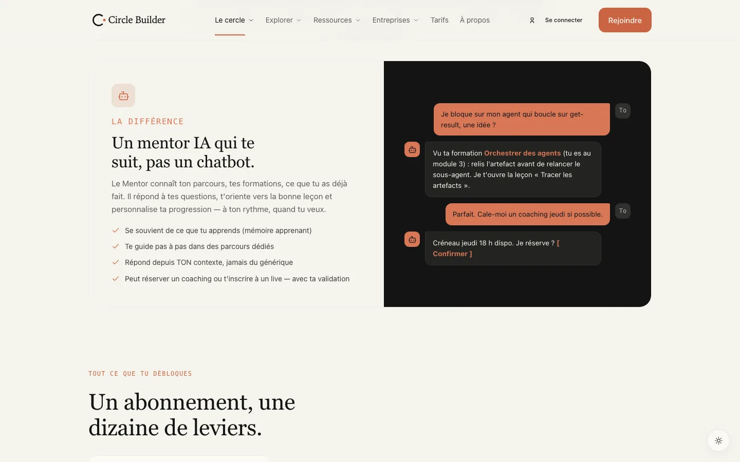 Présentation du mentor IA, avec un exemple d'échange où il oriente un membre vers la bonne leçon