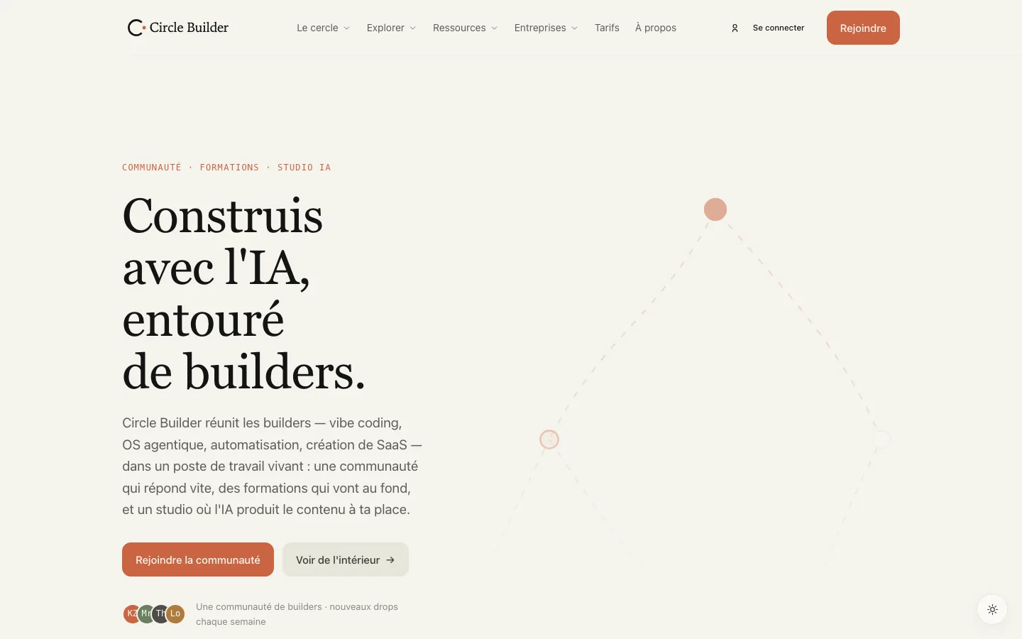 Page d'accueil de Circle Builder : « Construis avec l'IA, entouré de builders. » et les boutons pour rejoindre la communauté